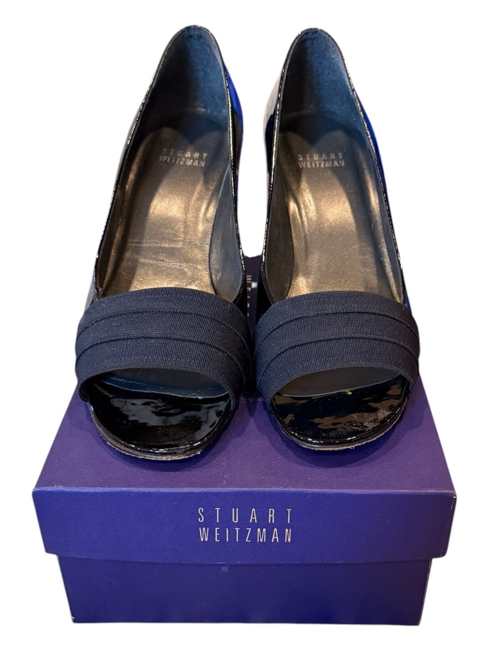Stuart Weitzman Lastic Navy Patent Leather Peep Toe Elastic Band Pump 8M